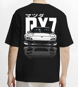 Black T-shirt worn by a male model, back view, featuring Mazda RX-7 rx7 drift japanese tuner stance street graphic.