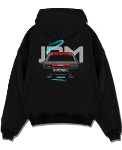 Black pullover hoodie laid flat on a white background, featuring Nissan Silvia S13 silvia racing drift jdm japanese street graphic.