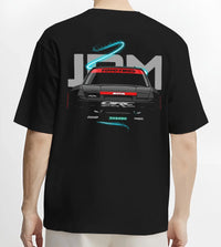 Black T-shirt worn by a male model, back view, featuring Nissan Silvia S13 silvia racing drift jdm japanese street graphic.