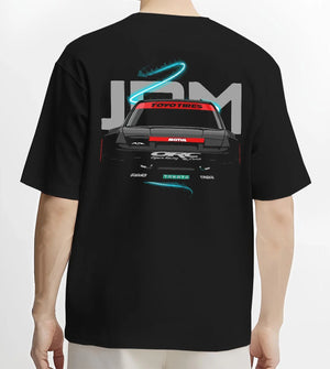 Black T-shirt worn by a male model, back view, featuring Nissan Silvia S13 silvia racing drift jdm japanese street graphic.