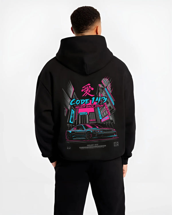 Black hoodie worn by a male model, back view, featuring SILVIA racing drift jdm japanese street performance motorsport graphic.
