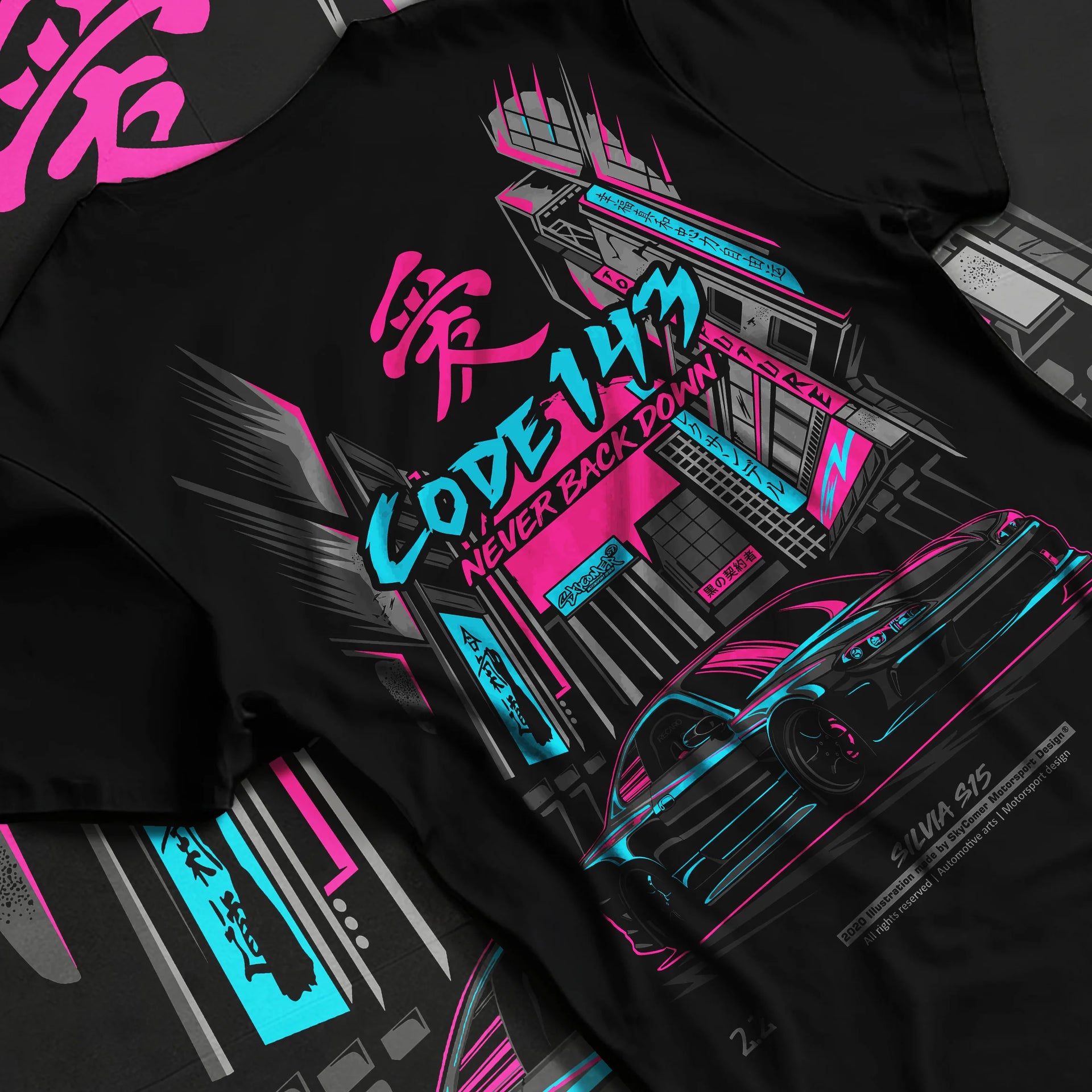 Black T-shirt laid flat with natural fabric folds, featuring SILVIA racing drift jdm japanese street performance motorsport graphic.