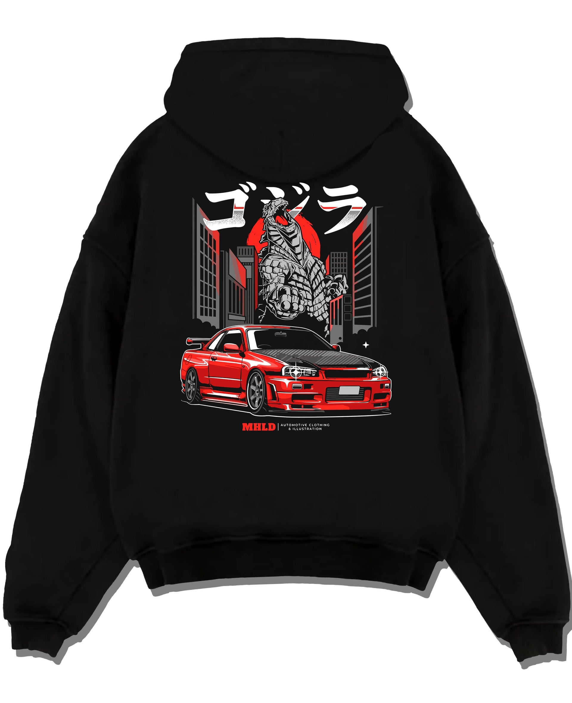 Black pullover hoodie laid flat on a white background, featuring Nissan Silvia S15 silvia turbo turbocharged racing drift s15jdm.
