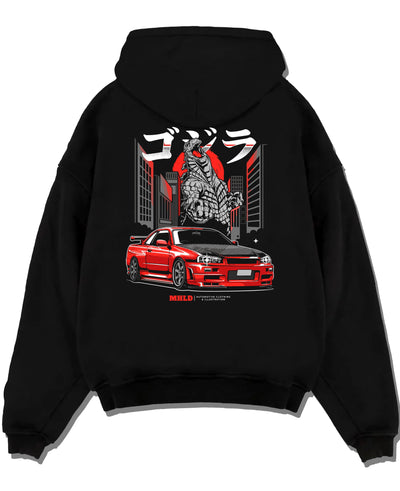 Black pullover hoodie laid flat on a white background, featuring Nissan Silvia S15 silvia turbo turbocharged racing drift s15jdm.