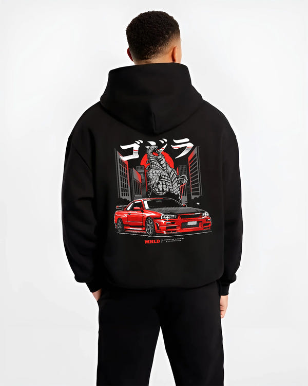 Black hoodie worn by a male model, back view, featuring Nissan Silvia S15 silvia turbo turbocharged racing drift jdm s15jdm.