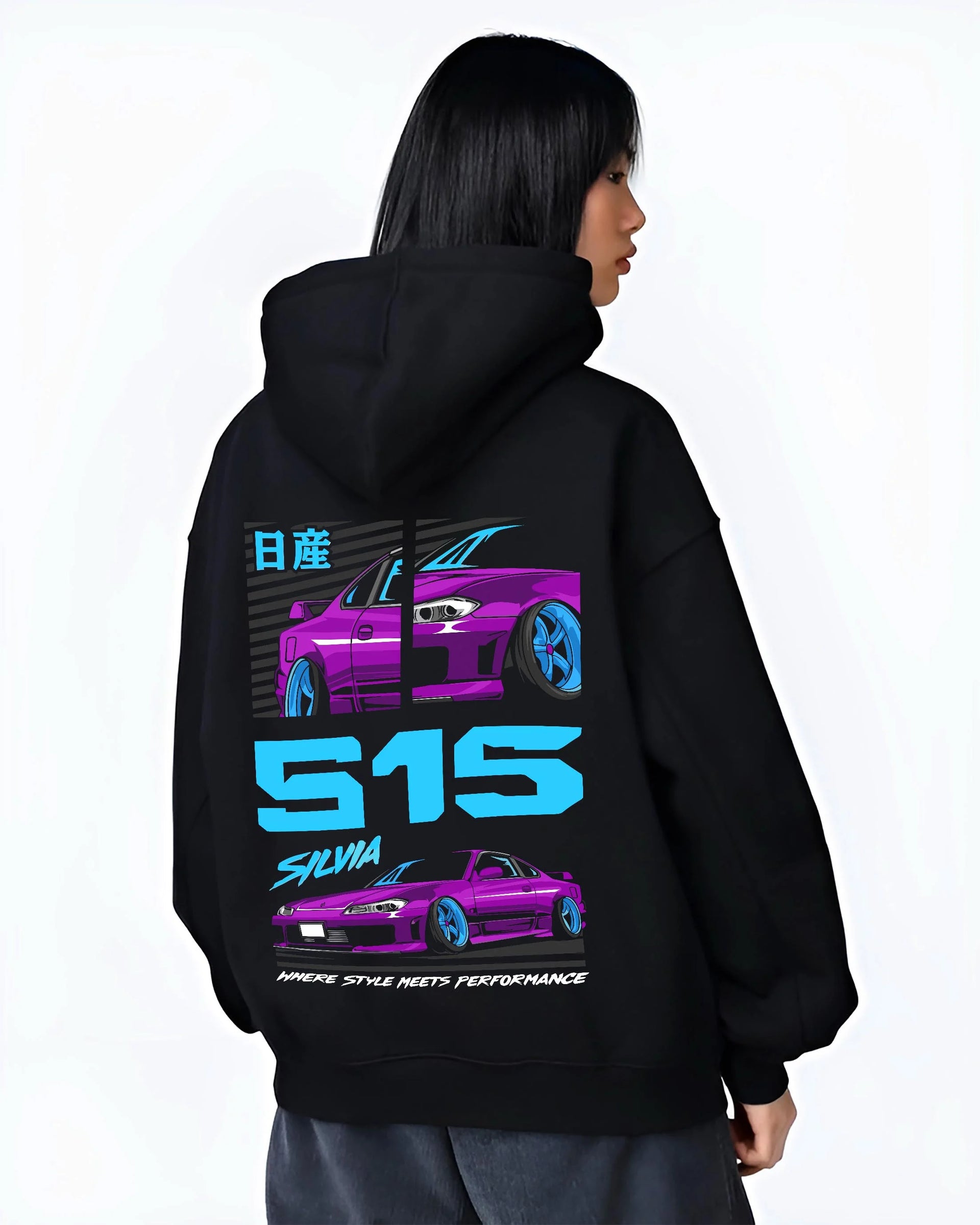 Black hoodie worn by a female model, back view, featuring Nissan Silvia S15 silvia racing drift jdm japanese street graphic.