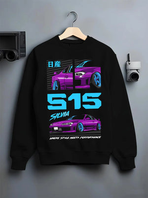 Black crewneck sweatshirt on a hanger against a grey wall, featuring Nissan Silvia S15 silvia racing drift jdm japanese graphic.