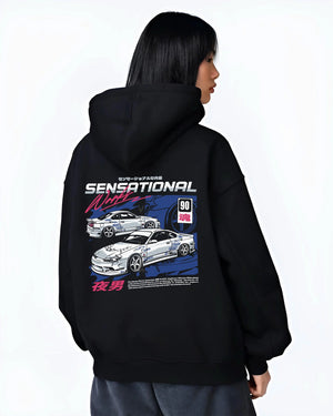 Black hoodie worn by a female model, back view, featuring Nissan Silvia S15 silvia racing drift jdm japanese street s15sns.