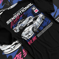 Black T-shirt laid flat with natural fabric folds, featuring Nissan Silvia S15 silvia racing drift jdm japanese street s15sns.