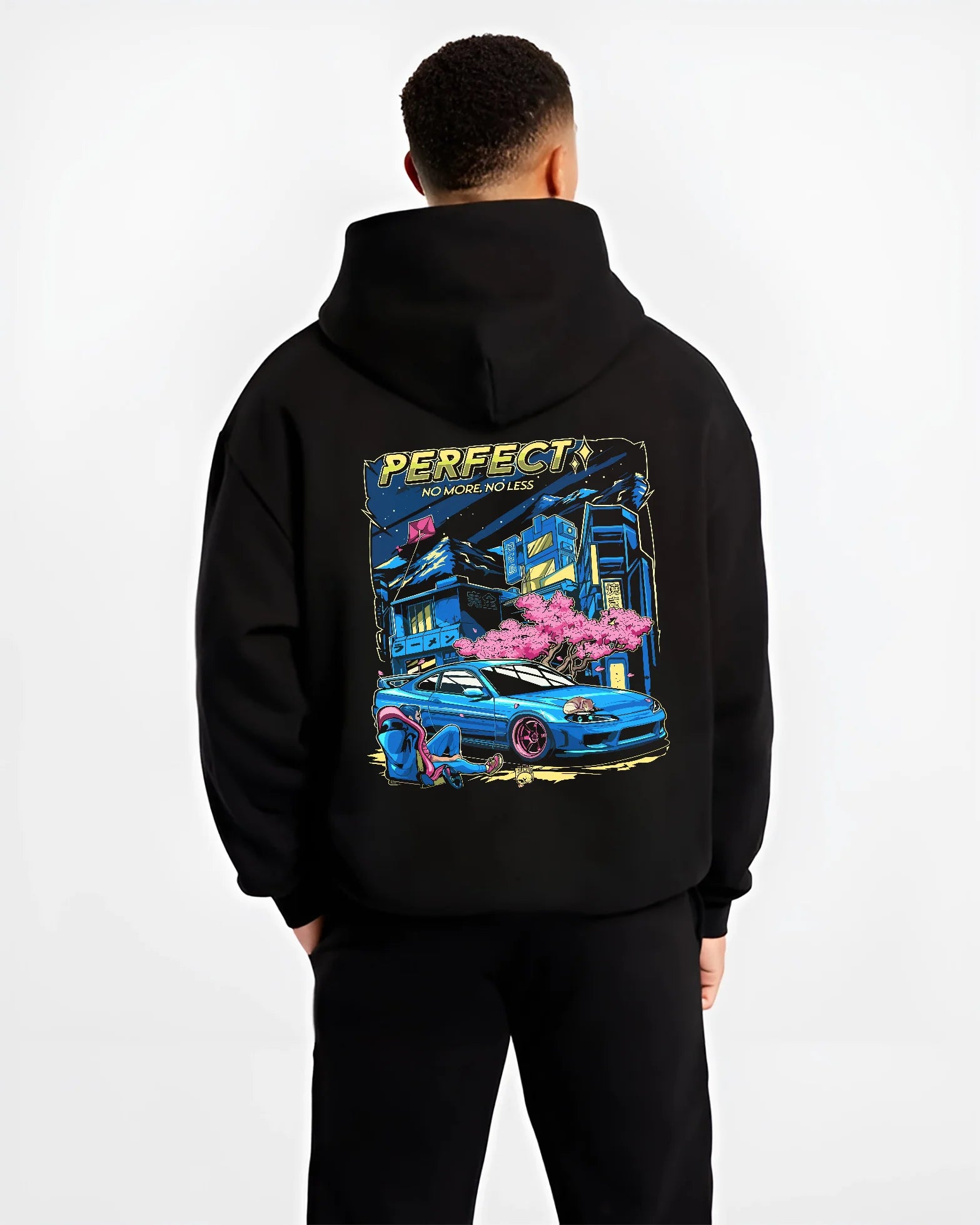 Black hoodie worn by a male model, back view, featuring Nissan SILVIA turbo racing drift jdm japanese tuner street legend graphic.
