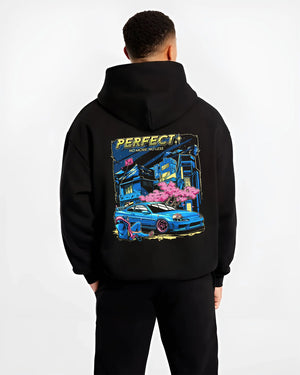 Black hoodie worn by a male model, back view, featuring Nissan SILVIA turbo racing drift jdm japanese tuner street legend graphic.