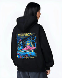 Black hoodie worn by a female model, back view, featuring Nissan SILVIA turbo racing drift jdm japanese tuner street legend graphic.