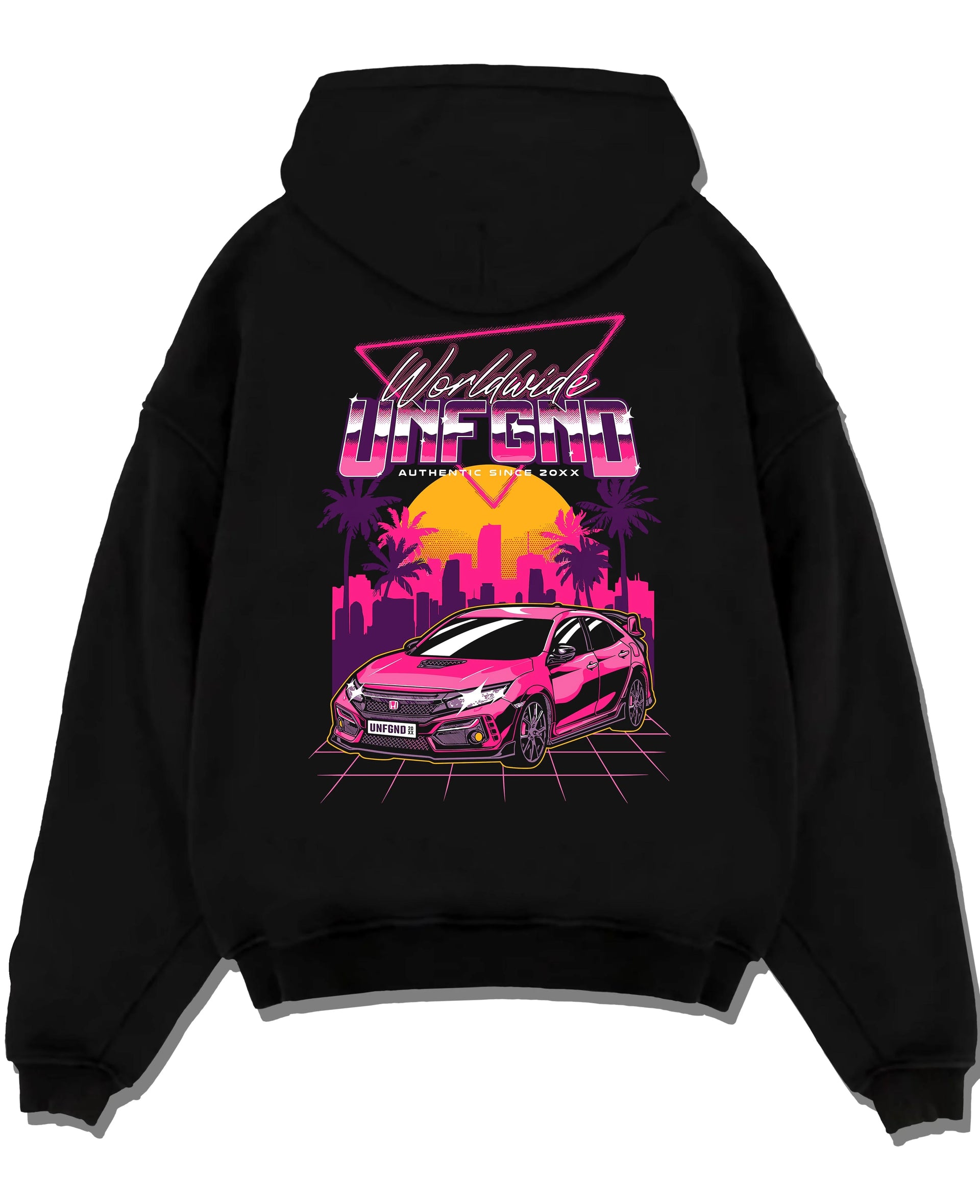 Black pullover hoodie laid flat on a white background, featuring Honda S2000 rs racing motorsport jdm tuner street graphic.