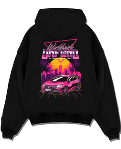 Black pullover hoodie laid flat on a white background, featuring Honda S2000 rs racing motorsport jdm tuner street graphic.