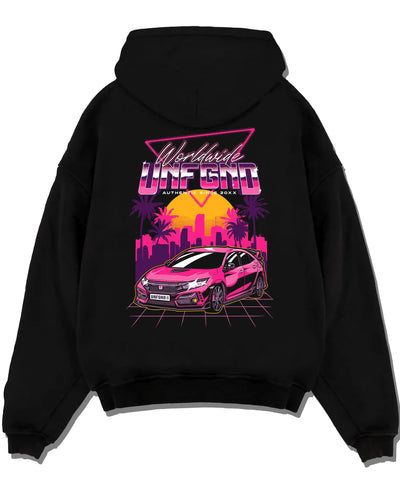 Black pullover hoodie laid flat on a white background, featuring Honda S2000 rs racing motorsport jdm tuner street graphic.