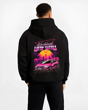 Black hoodie worn by a male model, back view, featuring Honda S2000 rs racing motorsport jdm tuner street graphic.