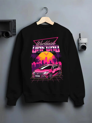 Black crewneck sweatshirt on a hanger against a grey wall, featuring Honda S2000 rs racing motorsport jdm tuner street graphic.