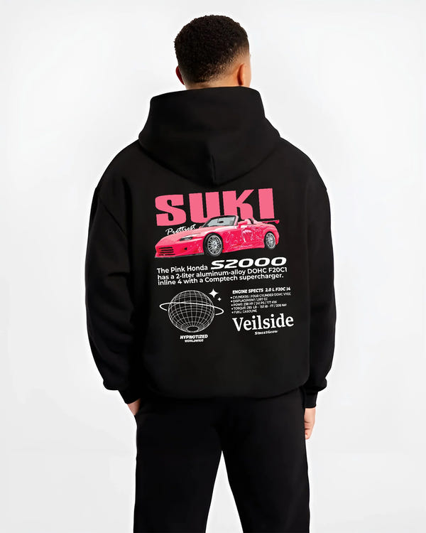 Black hoodie worn by a male model, back view, featuring Honda S2000 drift jdm japanese tuner street racing graphic.