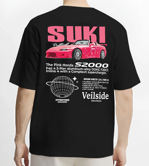 Black T-shirt worn by a male model, back view, featuring Honda S2000 drift jdm japanese tuner street racing graphic.