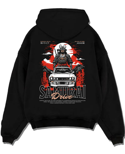 Black pullover hoodie laid flat on a white background, featuring drift japanese street racing performance motorsport graphic.
