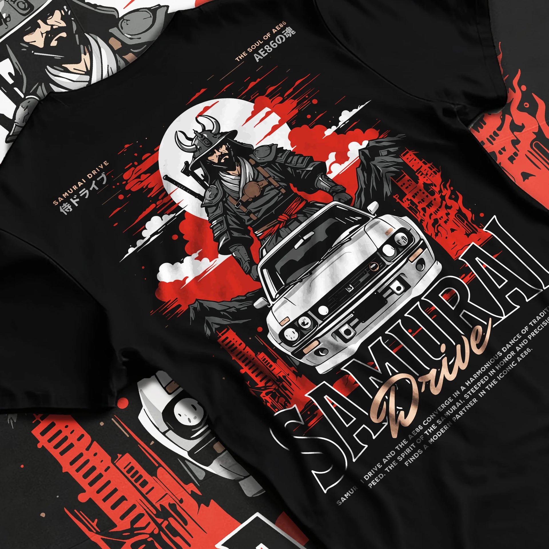 Black T-shirt laid flat with natural fabric folds, featuring drift japanese street racing performance motorsport automotive graphic.