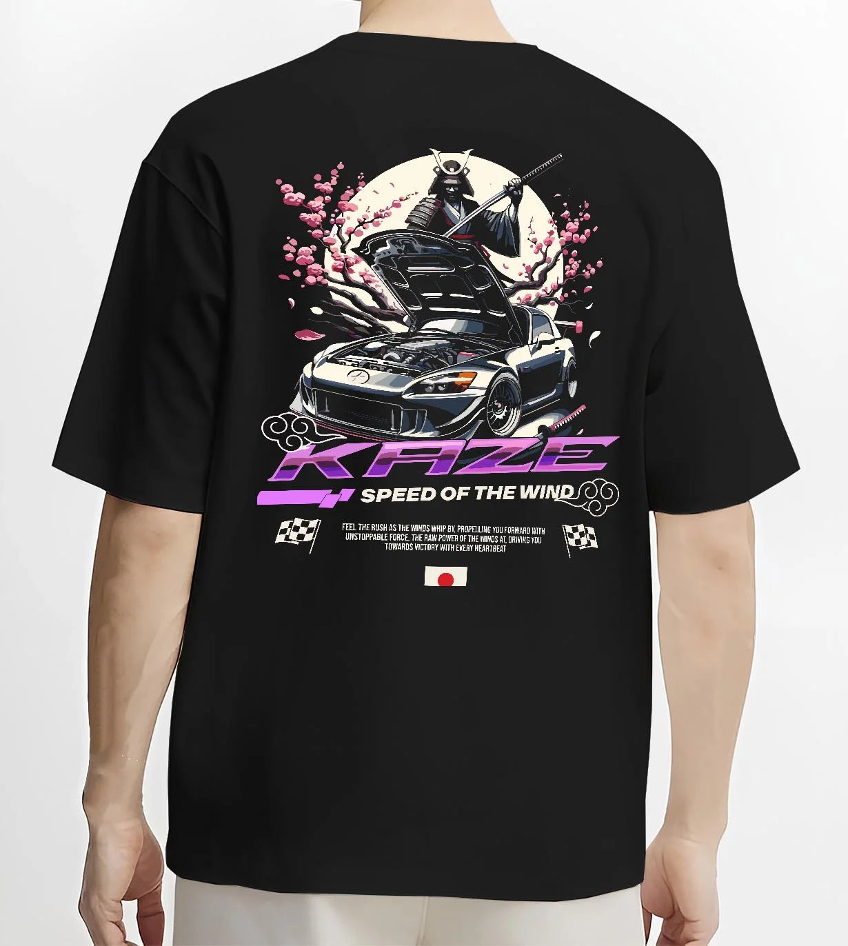 Black T-shirt worn by a male model, back view, featuring drift japanese street retro racing performance motorsport graphic.