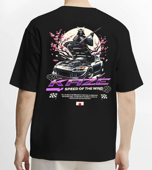 Black T-shirt worn by a male model, back view, featuring drift japanese street retro racing performance motorsport graphic.