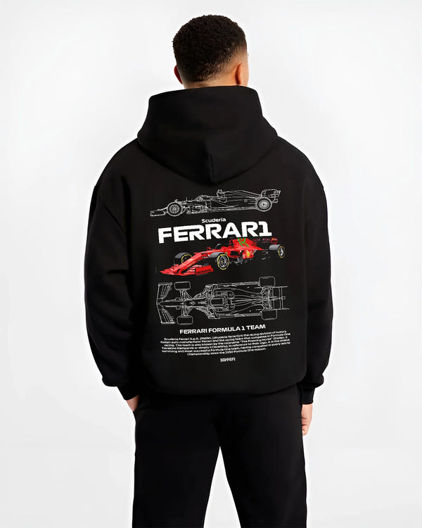 Black hoodie worn by a male model, back view, featuring Ferrari rs racing f1 formula motorsport legend legendary graphic.