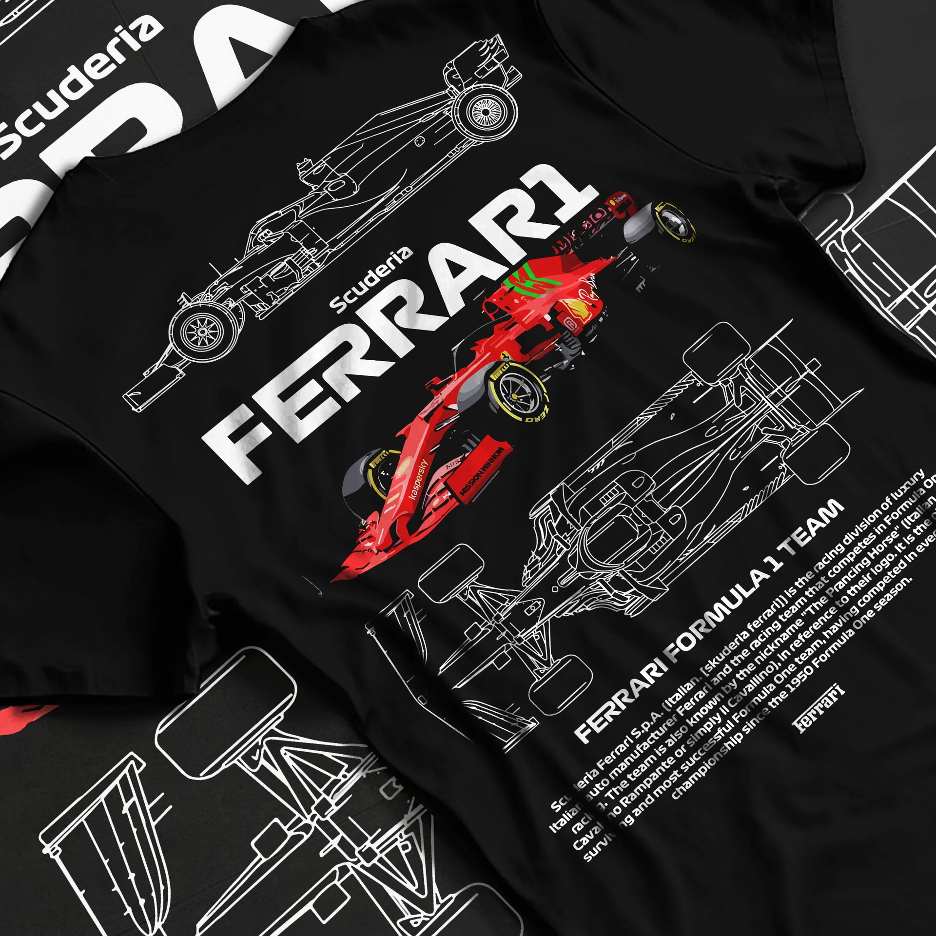 Black T-shirt laid flat with natural fabric folds, featuring Ferrari rs racing f1 formula motorsport legend legendary graphic.