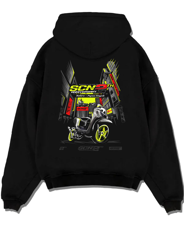 Black pullover hoodie laid flat on a white background, featuring rs jdm japanese street racing performance motorsport graphic.