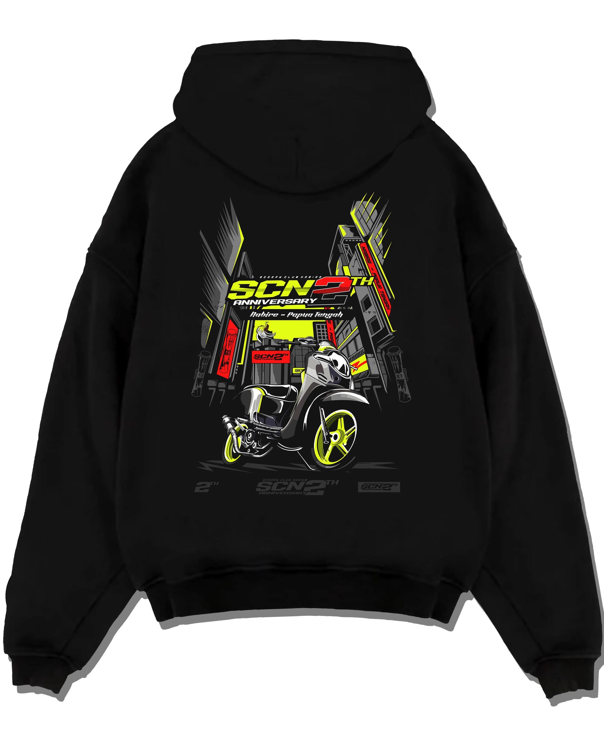 Black pullover hoodie laid flat on a white background, featuring rs jdm japanese street racing performance motorsport graphic.