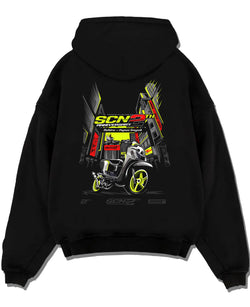 Black pullover hoodie laid flat on a white background, featuring rs jdm japanese street racing performance motorsport graphic.