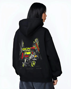 Black hoodie worn by a female model, back view, featuring rs jdm japanese street racing performance motorsport automotive graphic.