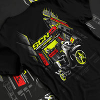 Black T-shirt laid flat with natural fabric folds, featuring rs jdm japanese street racing performance motorsport graphic.