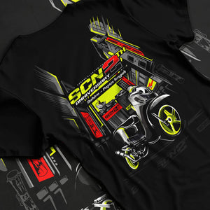 Black T-shirt laid flat with natural fabric folds, featuring rs jdm japanese street racing performance motorsport graphic.