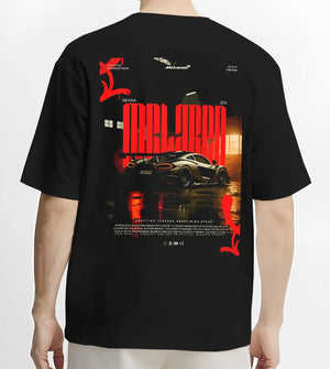 Black T-shirt worn by a male model, back view, featuring McLaren SENNA track street racing performance motorsport graphic.