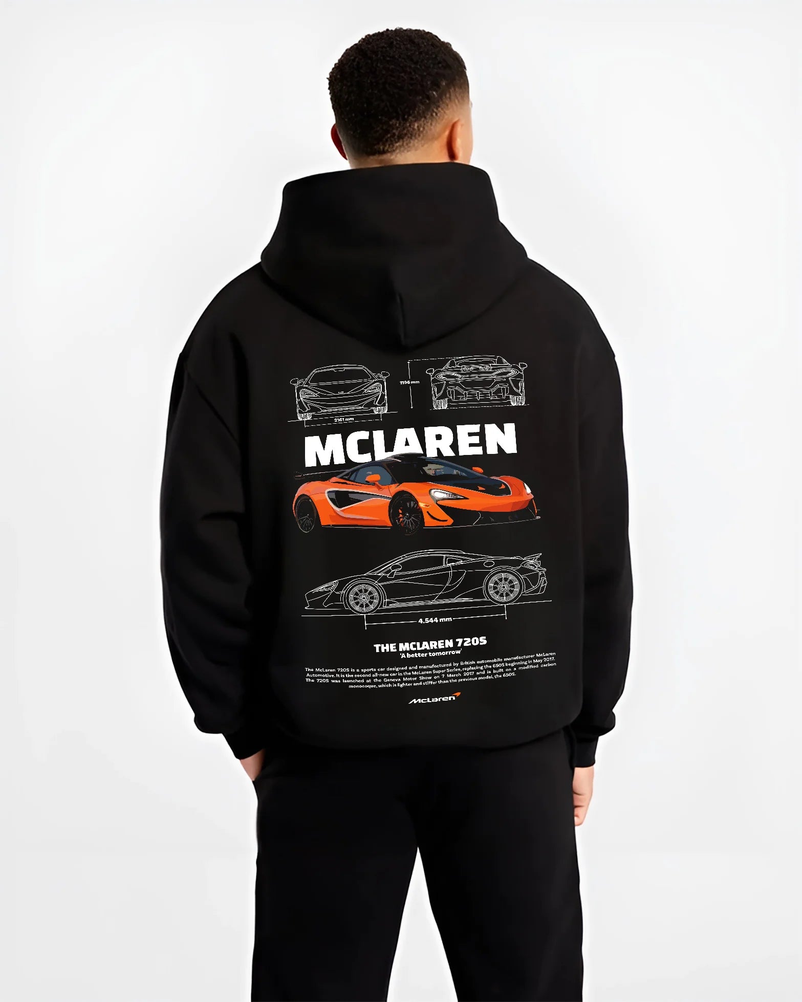 Black hoodie worn by a male model, back view, featuring McLaren SENNA rs racing motorsport speed street performance graphic.