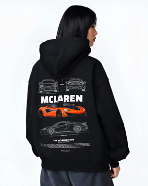 Black hoodie worn by a female model, back view, featuring McLaren SENNA rs racing motorsport speed street performance graphic.
