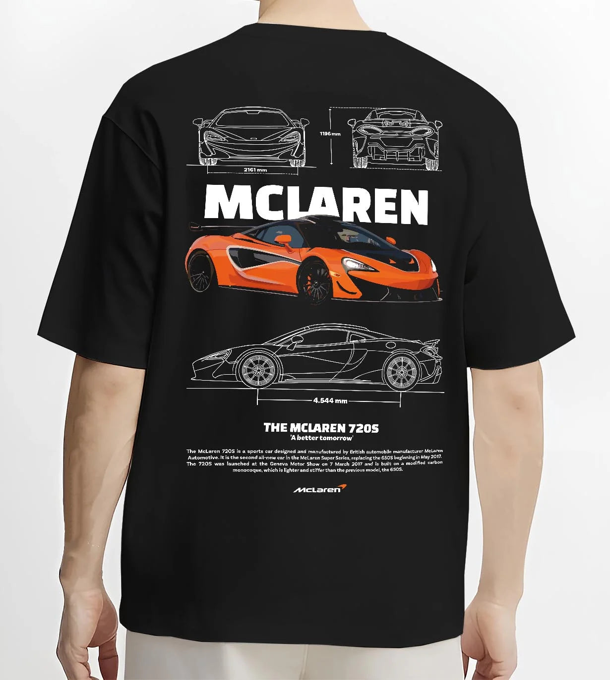 Black T-shirt worn by a male model, back view, featuring McLaren SENNA rs racing motorsport speed street performance graphic.
