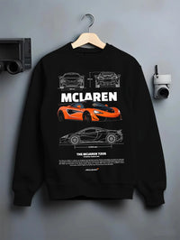 Black crewneck sweatshirt on a hanger against a grey wall, featuring McLaren SENNA rs racing motorsport speed street graphic.