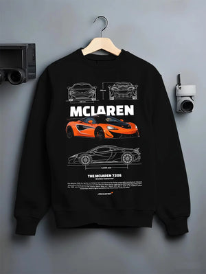 Black crewneck sweatshirt on a hanger against a grey wall, featuring McLaren SENNA rs racing motorsport speed street graphic.