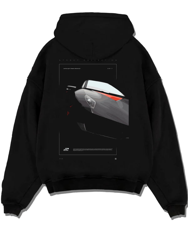 Black pullover hoodie laid flat on a white background, featuring Lamborghini racing street enthusiast performance graphic.