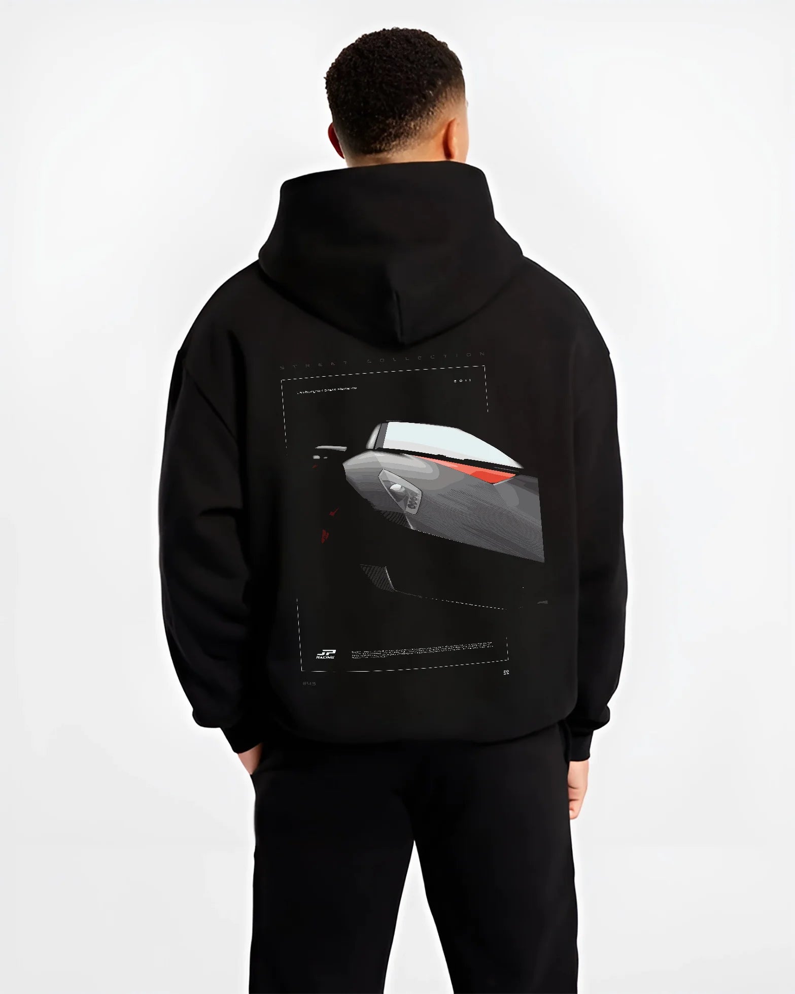 Black hoodie worn by a male model, back view, featuring Lamborghini racing street enthusiast performance motorsport graphic.