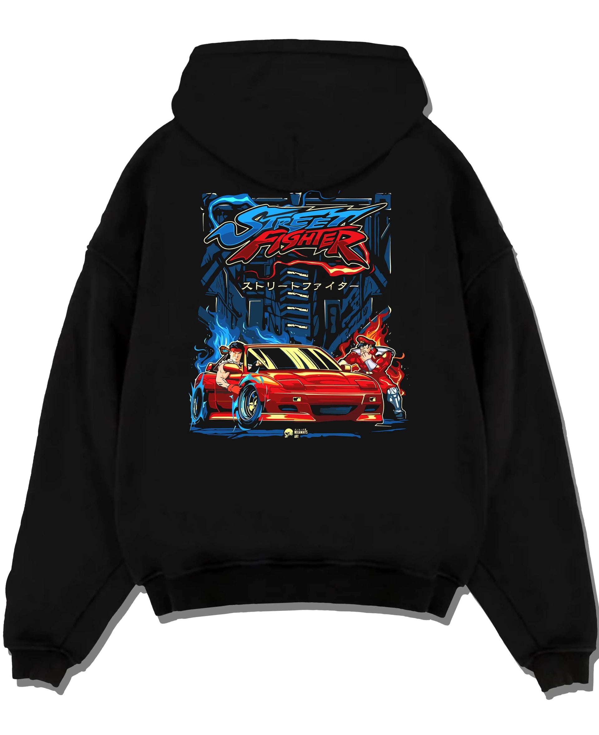 Black pullover hoodie laid flat on a white background, featuring drift jdm street retro enthusiast racing performance graphic.
