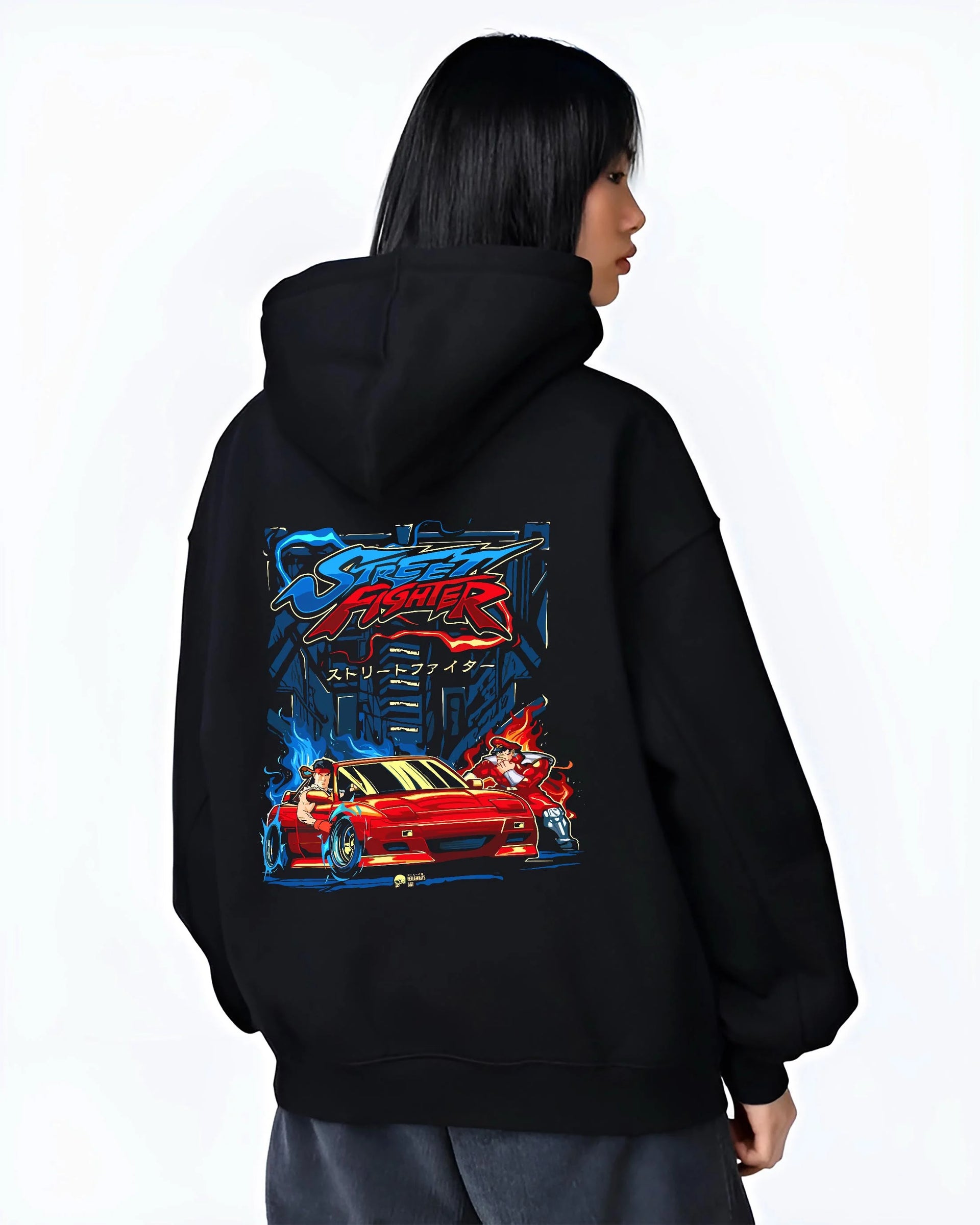 Black hoodie worn by a female model, back view, featuring drift jdm street retro enthusiast racing performance motorsport graphic.