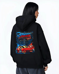 Black hoodie worn by a female model, back view, featuring drift jdm street retro enthusiast racing performance motorsport graphic.