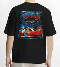 Black T-shirt worn by a male model, back view, featuring drift jdm street retro enthusiast racing performance motorsport graphic.
