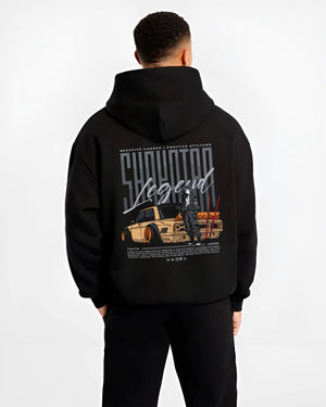 Black hoodie worn by a male model, back view, featuring Toyota jdm stance legend racing street performance motorsport graphic.
