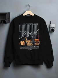 Black crewneck sweatshirt on a hanger against a grey wall, featuring Toyota jdm stance legend racing street performance graphic.