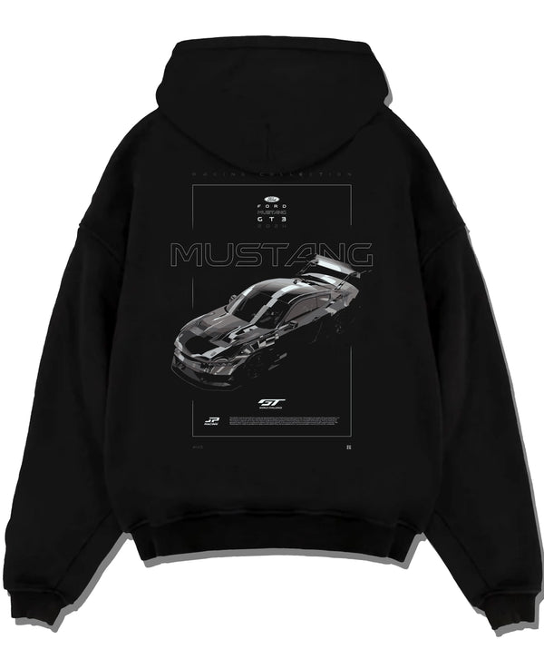 Black pullover hoodie laid flat on a white background, featuring shelby turbo turbocharged racing american muscle street graphic.